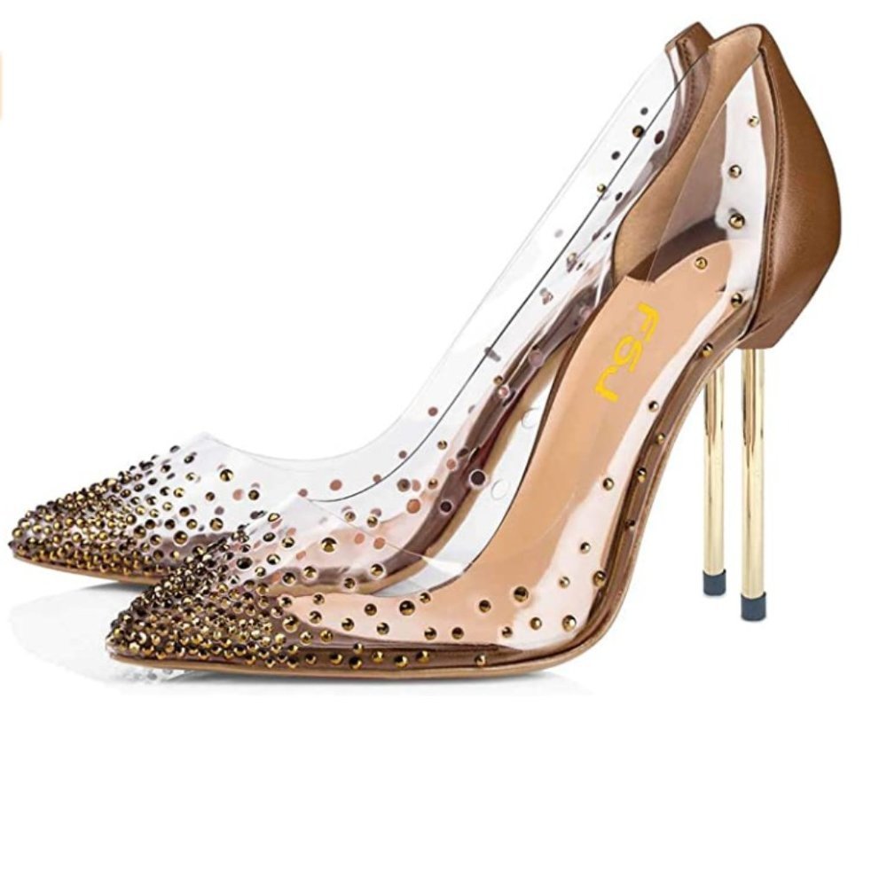 FSJ Studded Pointed Toe Transparent Pumps Heels